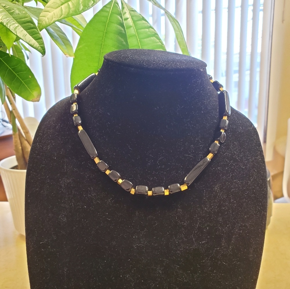 Trifari Black Bead And Gold Plated Necklace